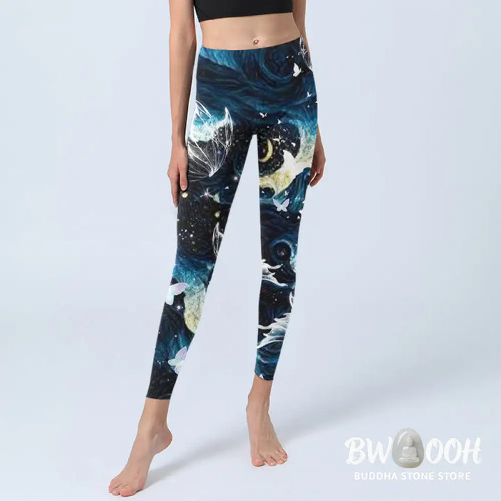 BWOOOH printed yoga leggings - Blue Butterfly Water Waves Moon Print Gy