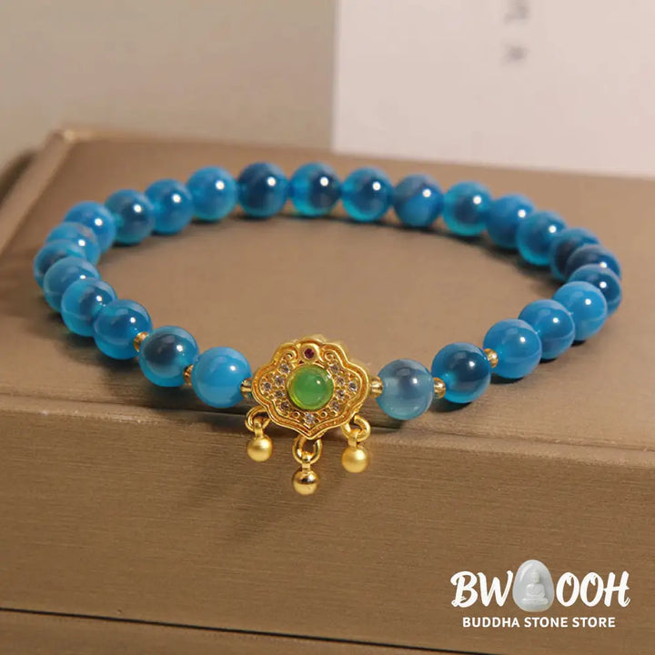 Buddha Stones Blue Candy Agate Chinese Lock Charm Healing Bracelet - BWOOOH - Blue Candy Agate(Wrist Circumference