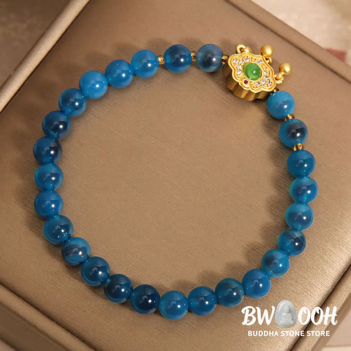 Buddha Stones Blue Candy Agate Chinese Lock Charm Healing Bracelet - BWOOOH - Blue Candy Agate(Wrist Circumference
