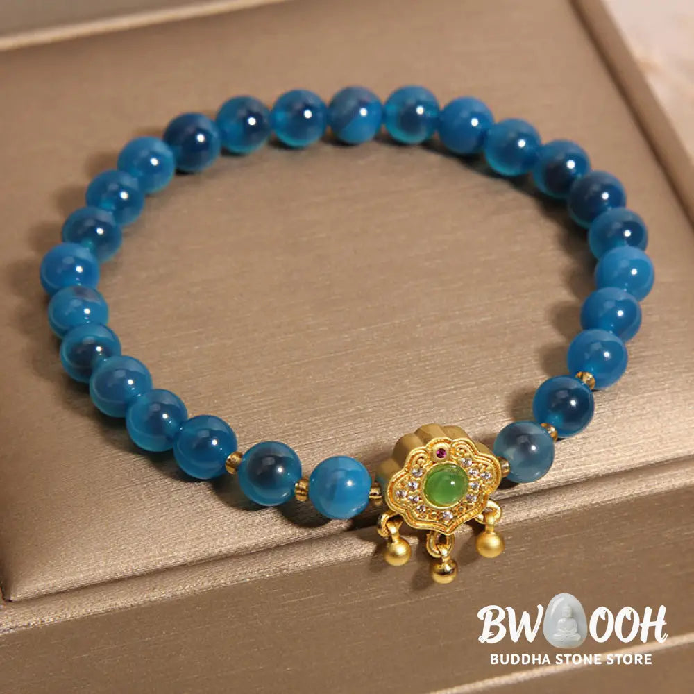 Buddha Stones Blue Candy Agate Chinese Lock Charm Healing Bracelet - BWOOOH - Blue Candy Agate(Wrist Circumference