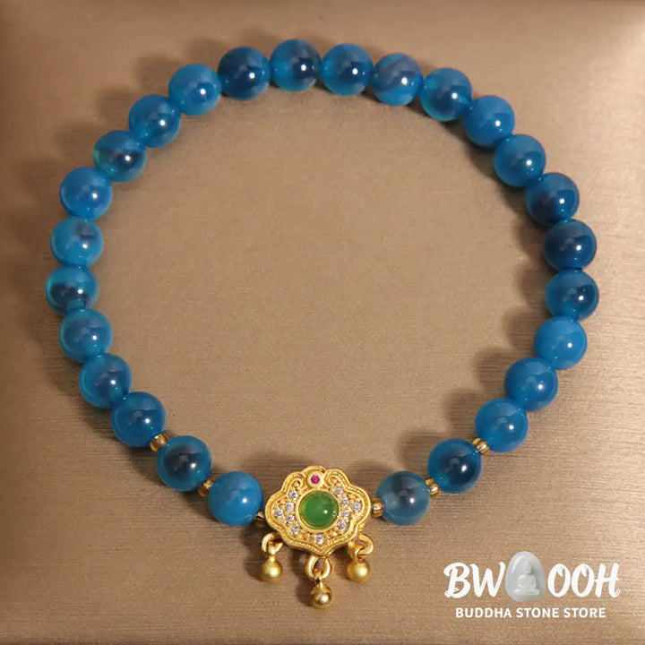 Buddha Stones Blue Candy Agate Chinese Lock Charm Healing Bracelet - BWOOOH - Blue Candy Agate(Wrist Circumference