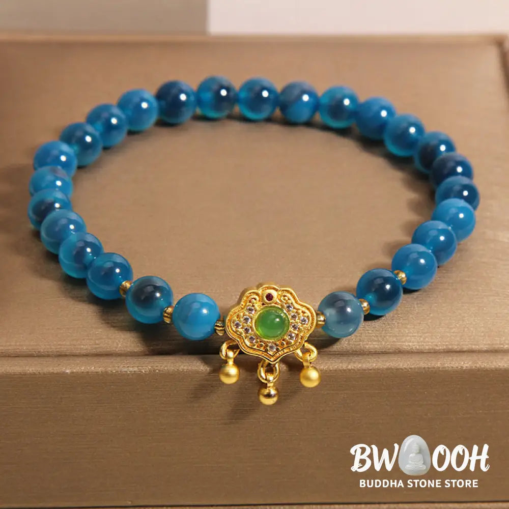 Buddha Stones Blue Candy Agate Chinese Lock Charm Healing Bracelet - BWOOOH - Blue Candy Agate(Wrist Circumference