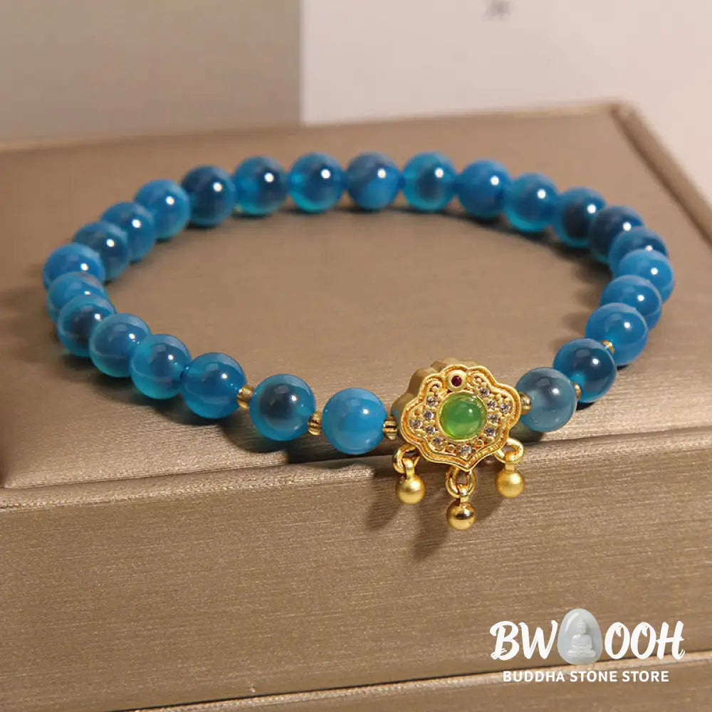 Buddha Stones Blue Candy Agate Chinese Lock Charm Healing Bracelet - BWOOOH - Blue Candy Agate(Wrist Circumference