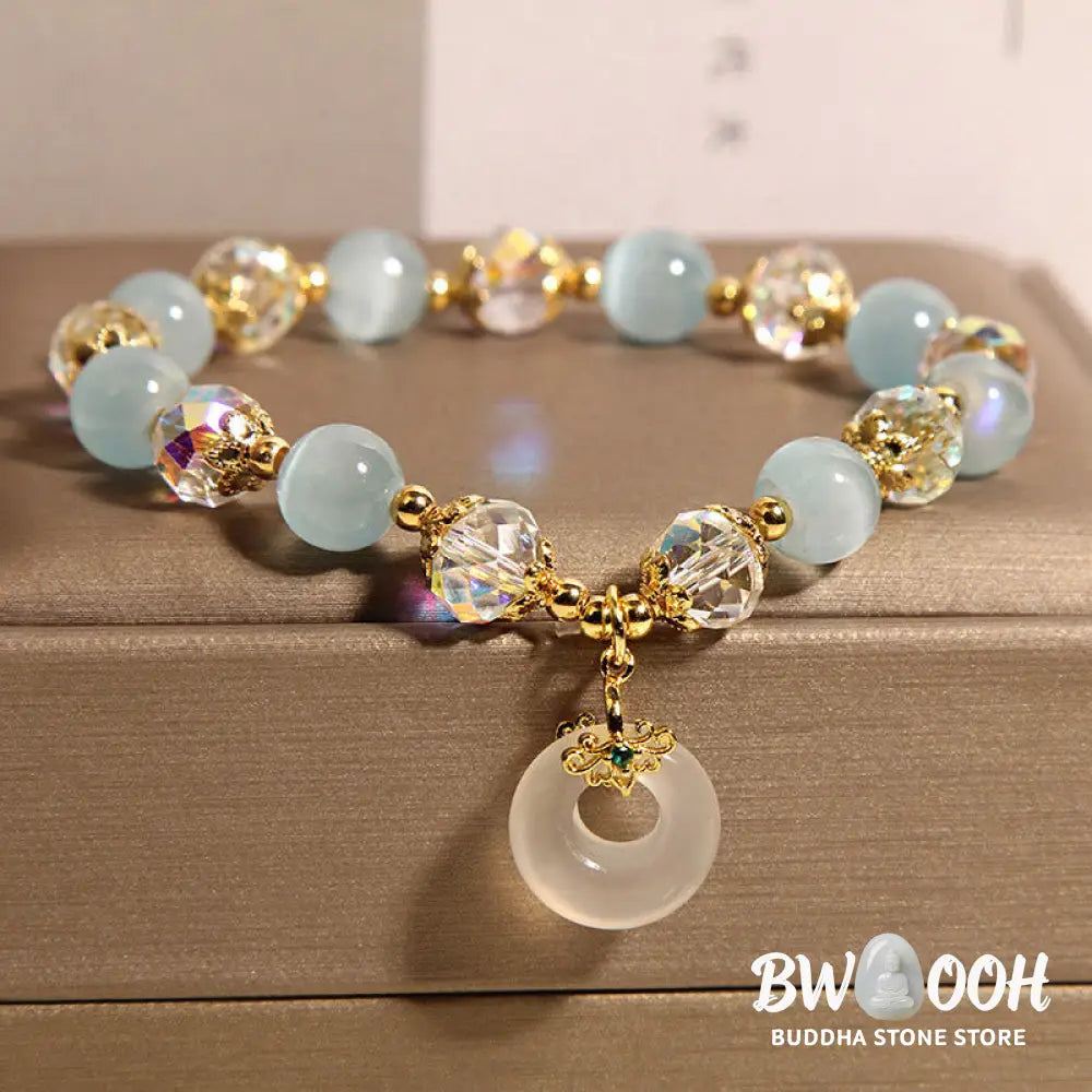 Buddha Stones Blue Cat’s Eye White Crystal Peace Buckle Meaning Balance Bracelet - Blue Cat’s Eye(Wrist Circumference: