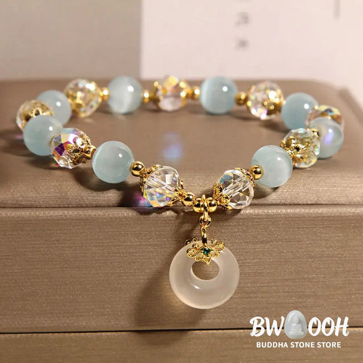 Buddha Stones Blue Cat’s Eye White Crystal Peace Buckle Meaning Balance Bracelet - Blue Cat’s Eye(Wrist Circumference: