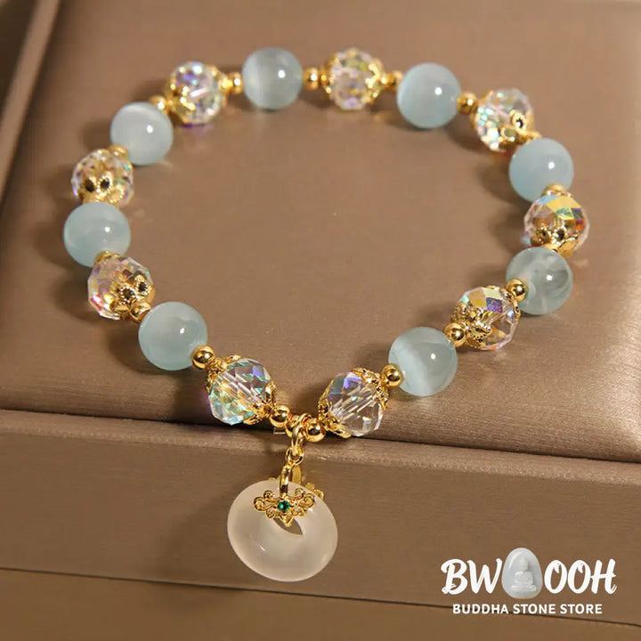 Buddha Stones Blue Cat’s Eye White Crystal Peace Buckle Meaning Balance Bracelet - Blue Cat’s Eye(Wrist Circumference: