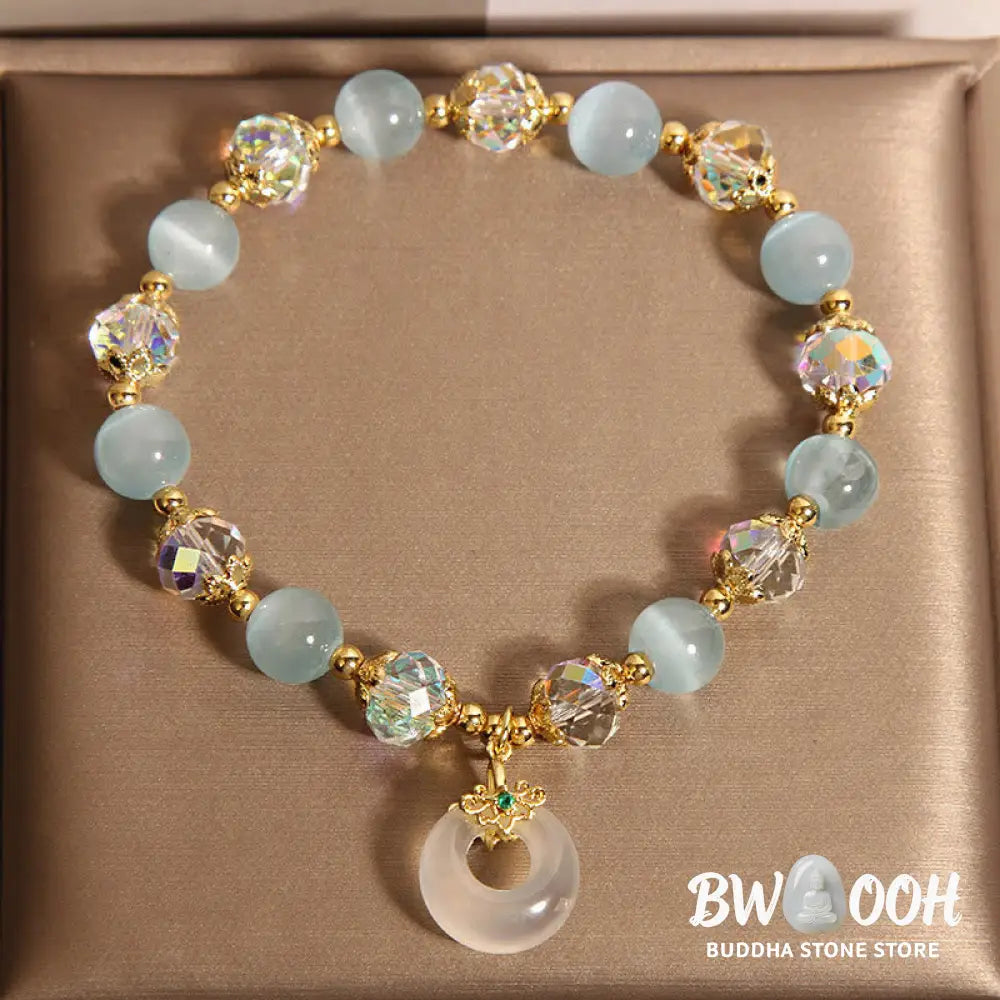 Buddha Stones Blue Cat’s Eye White Crystal Peace Buckle Meaning Balance Bracelet - Blue Cat’s Eye(Wrist Circumference: