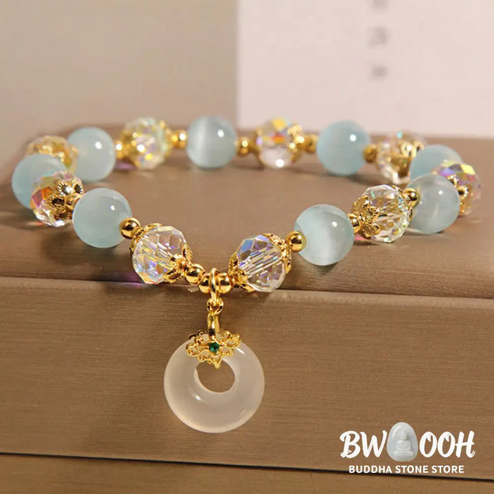 Buddha Stones Blue Cat’s Eye White Crystal Peace Buckle Meaning Balance Bracelet - Blue Cat’s Eye(Wrist Circumference: