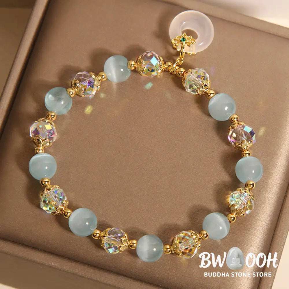 Buddha Stones Blue Cat’s Eye White Crystal Peace Buckle Meaning Balance Bracelet - Blue Cat’s Eye(Wrist Circumference: