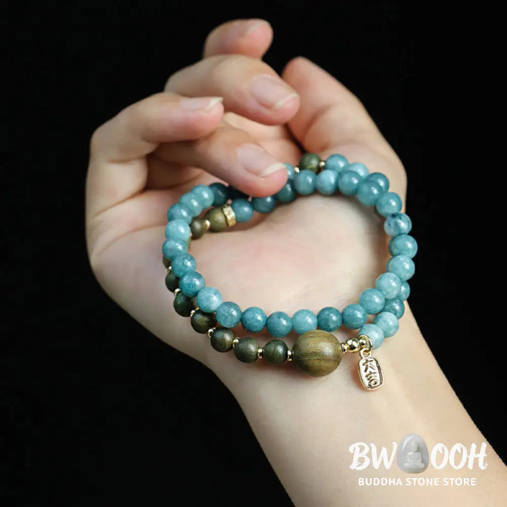 Buddha Stones Blue Chalcedony Green Sandalwood Small Leaf Red Sandalwood Double Wrap Emotional Balance Bracelet