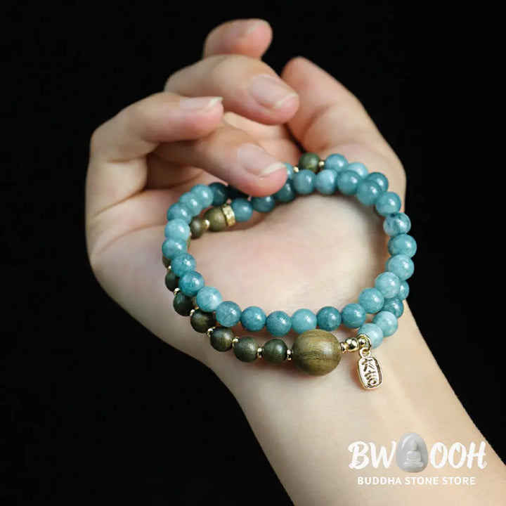 Buddha Stones Blue Chalcedony Green Sandalwood Small Leaf Red Sandalwood Double Wrap Emotional Balance Bracelet