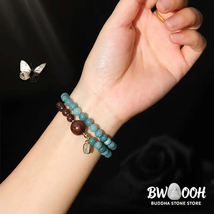 Buddha Stones Blue Chalcedony Green Sandalwood Small Leaf Red Sandalwood Double Wrap Emotional Balance Bracelet