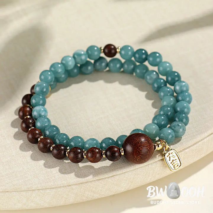 Buddha Stones Blue Chalcedony Green Sandalwood Small Leaf Red Sandalwood Double Wrap Emotional Balance Bracelet