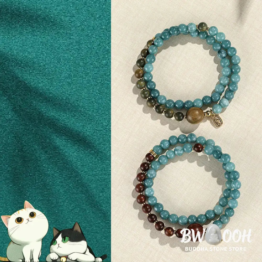 Buddha Stones Blue Chalcedony Green Sandalwood Small Leaf Red Sandalwood Double Wrap Emotional Balance Bracelet