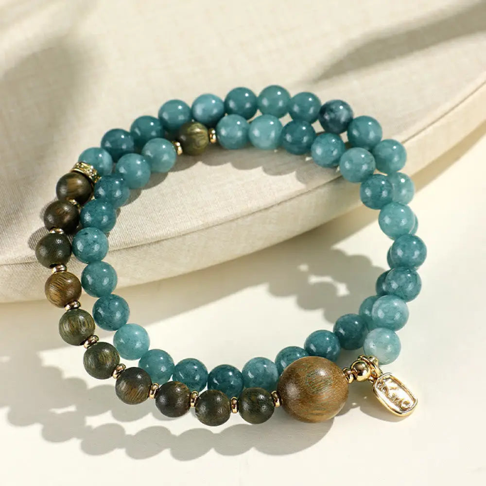 BWOOOH Blue Chalcedony Green Sandalwood Small Leaf Red Sandalwood Double Wrap Emotional Balance Bracelet