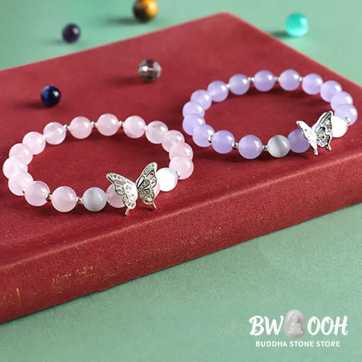 Buddha Stones Blue Chalcedony Pink Crystal Purple Chalcedony Butterfly Energy Bracelet - BWOOOH - Bracelet