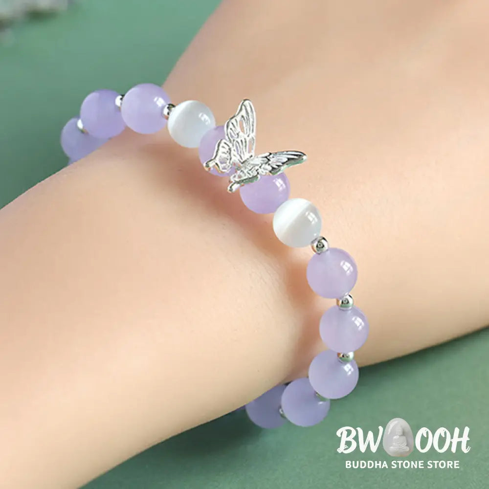 Buddha Stones Blue Chalcedony Pink Crystal Purple Chalcedony Butterfly Energy Bracelet - BWOOOH - Bracelet