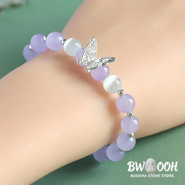 Buddha Stones Blue Chalcedony Pink Crystal Purple Chalcedony Butterfly Energy Bracelet - BWOOOH - Bracelet