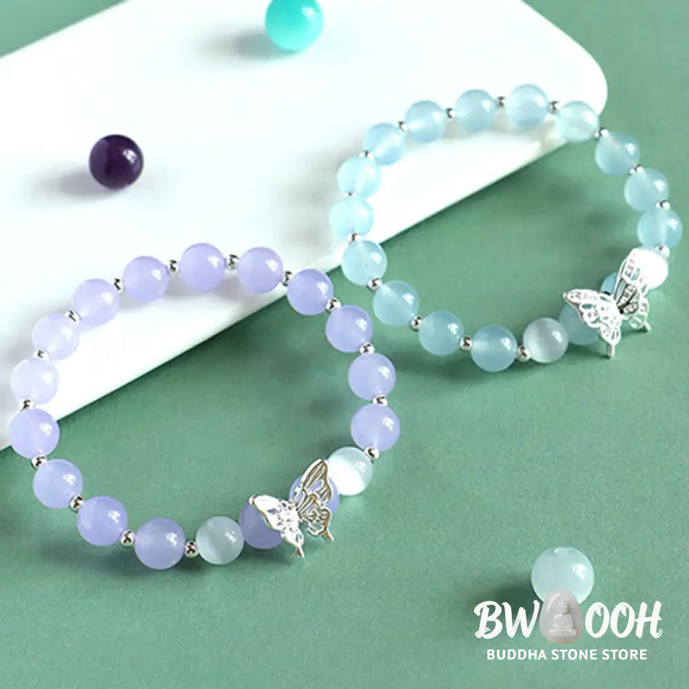 Buddha Stones Blue Chalcedony Pink Crystal Purple Chalcedony Butterfly Energy Bracelet - BWOOOH - Bracelet