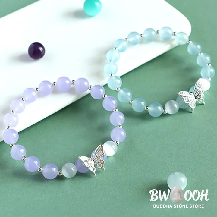 Buddha Stones Blue Chalcedony Pink Crystal Purple Chalcedony Butterfly Energy Bracelet - BWOOOH - Bracelet