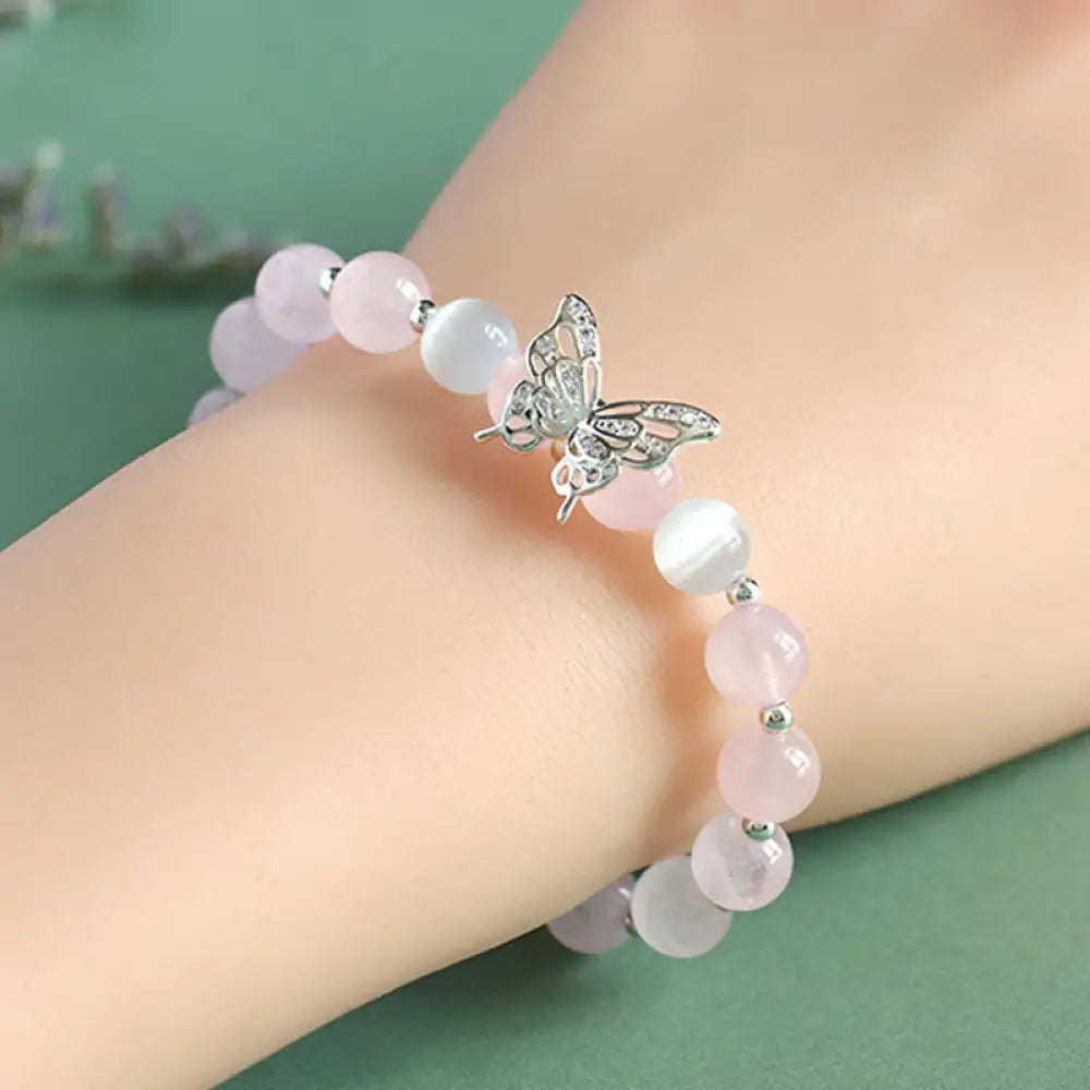 Buddha Stones Blue Chalcedony Pink Crystal Purple Chalcedony Butterfly Energy Bracelet - BWOOOH - Pink Crystal(Wrist