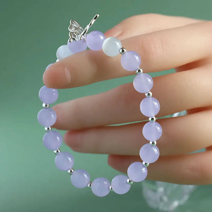 Buddha Stones Blue Chalcedony Pink Crystal Purple Chalcedony Butterfly Energy Bracelet - BWOOOH - Purple