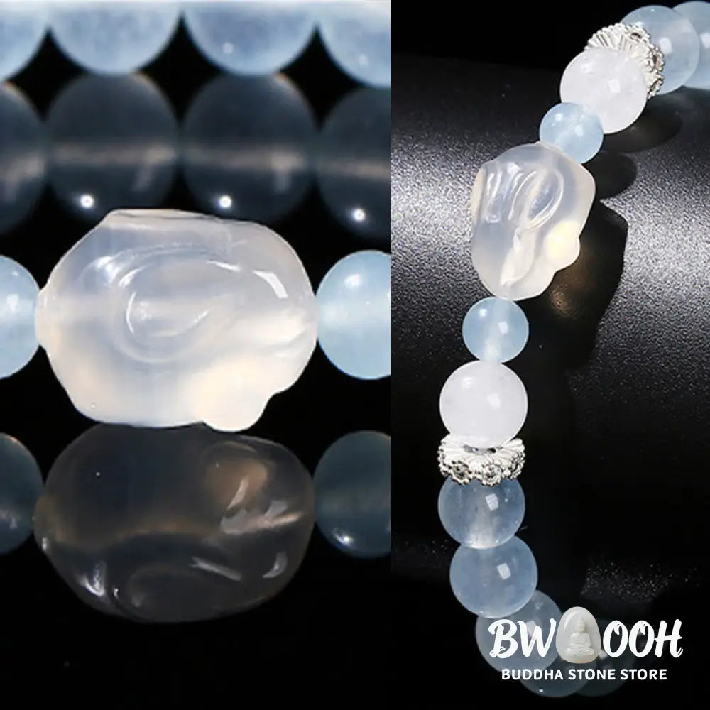 Buddha Stones Blue Chalcedony White Agate Rabbit Emotional Balance Bracelet - BWOOOH - Blue Chalcedony(Wrist