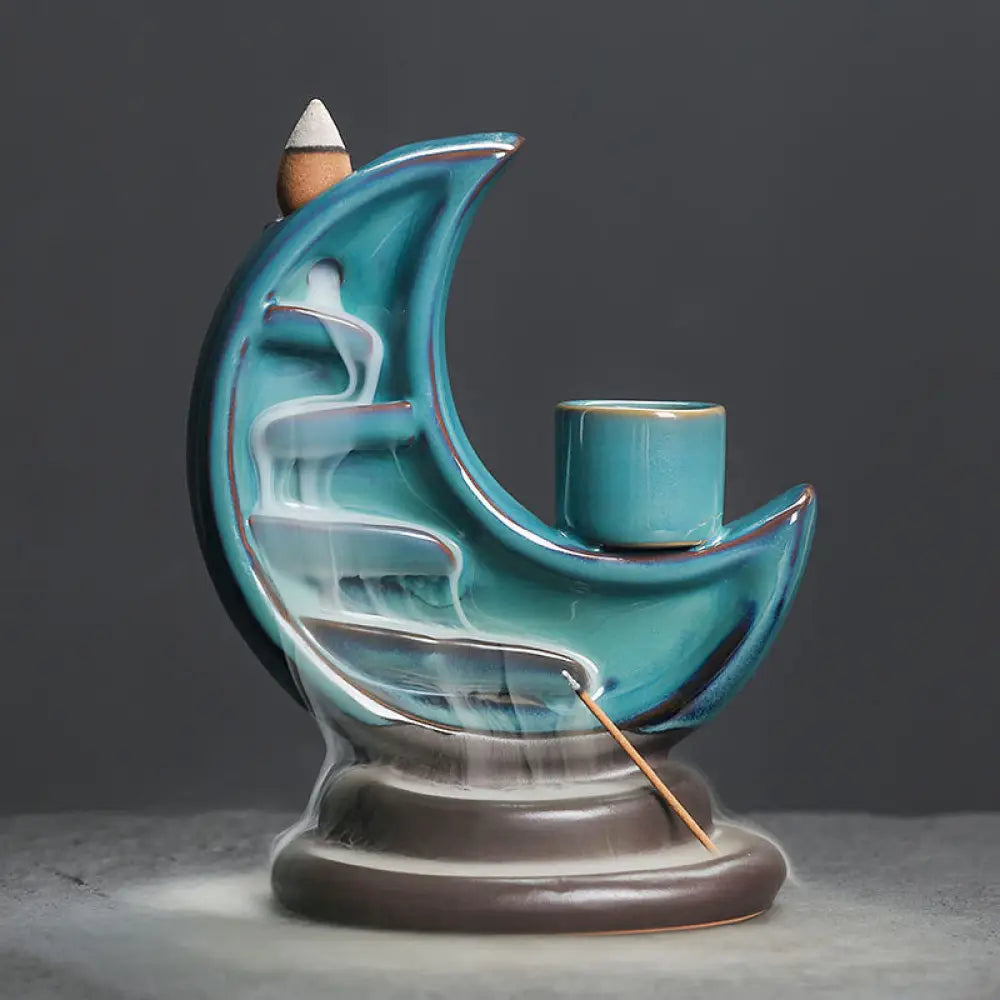 BWOOOH ceramic backflow incense burner - Blue Crescent Moon Ceramic Backflow