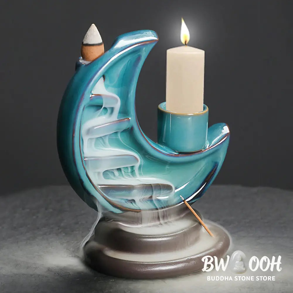 BWOOOH ceramic backflow incense burner - Blue Crescent Moon Ceramic Backflow
