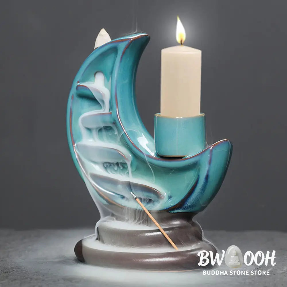 BWOOOH ceramic backflow incense burner - Blue Crescent Moon Ceramic Backflow