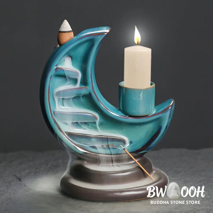 BWOOOH ceramic backflow incense burner - Blue Crescent Moon Ceramic Backflow