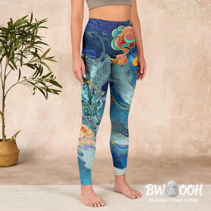BWOOOH printed yoga leggings - Blue Dragon Auspicious Clouds Print Gym 