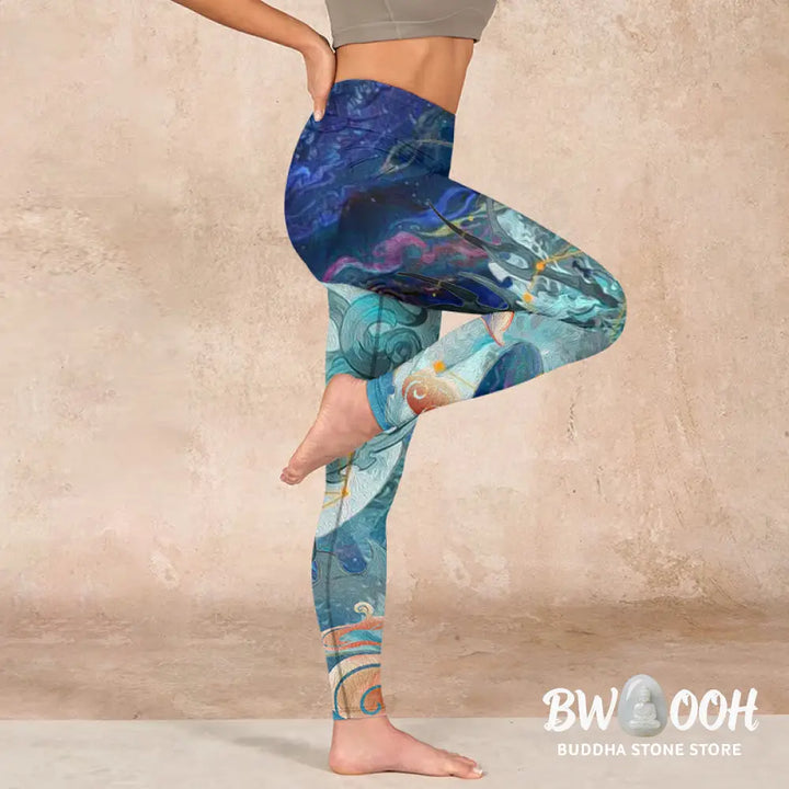 BWOOOH printed yoga leggings - Blue Dragon Auspicious Clouds Print Gym 