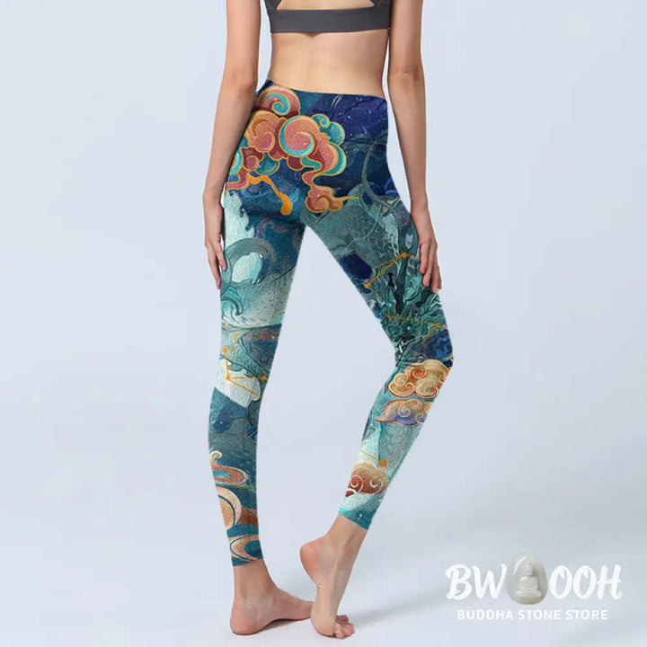BWOOOH printed yoga leggings - Blue Dragon Auspicious Clouds Print Gym 