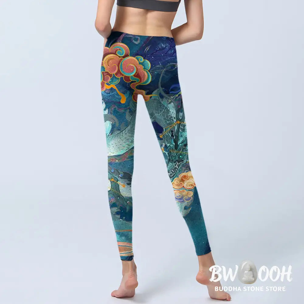 BWOOOH printed yoga leggings - Blue Dragon Auspicious Clouds Print Gym 