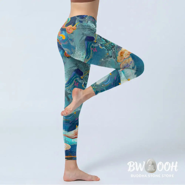 BWOOOH printed yoga leggings - Blue Dragon Auspicious Clouds Print Gym 