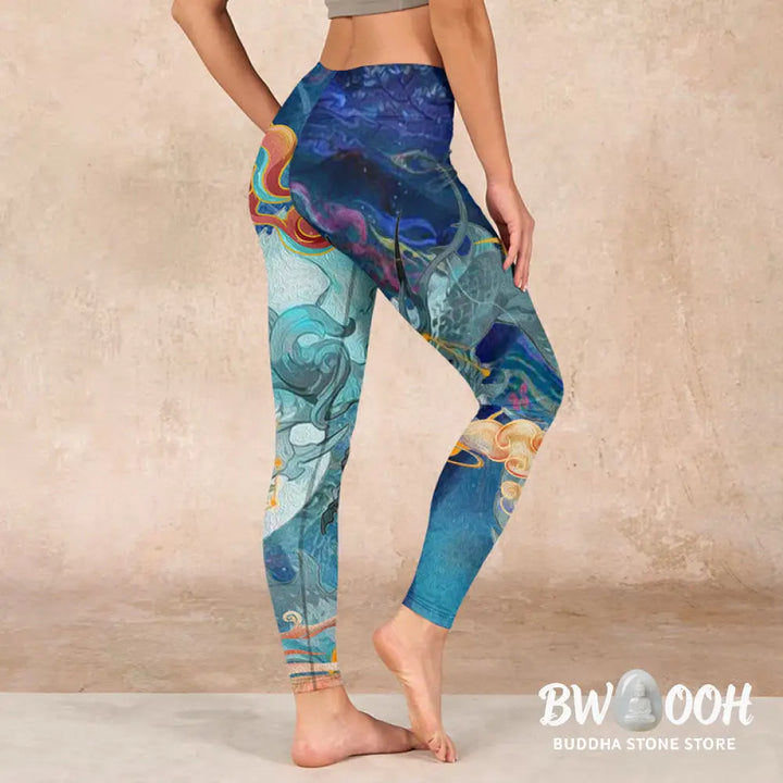 BWOOOH printed yoga leggings - Blue Dragon Auspicious Clouds Print Gym 