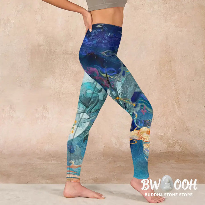 BWOOOH printed yoga leggings - Blue Dragon Auspicious Clouds Print Gym 