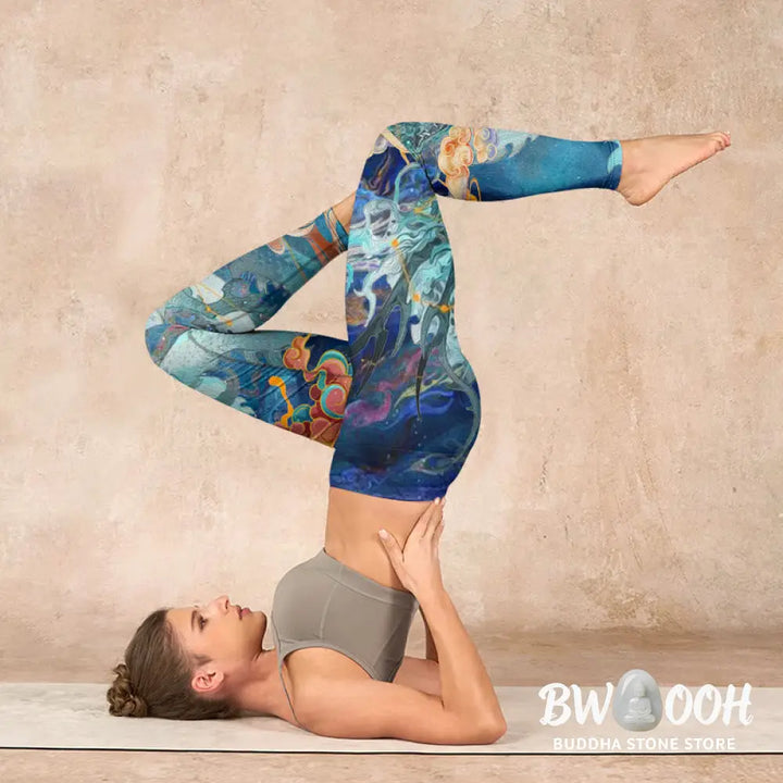 BWOOOH printed yoga leggings - Blue Dragon Auspicious Clouds Print Gym 