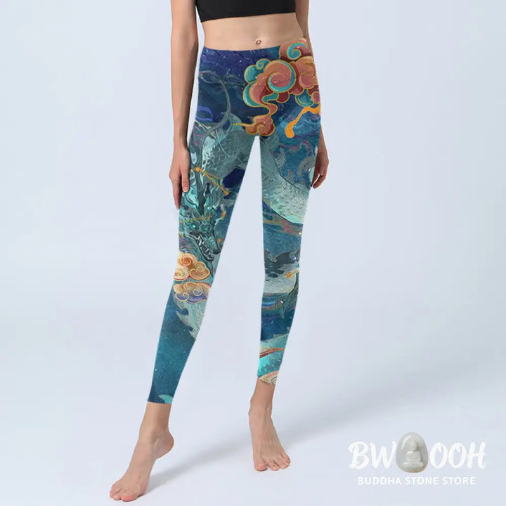 BWOOOH printed yoga leggings - Blue Dragon Auspicious Clouds Print Gym 
