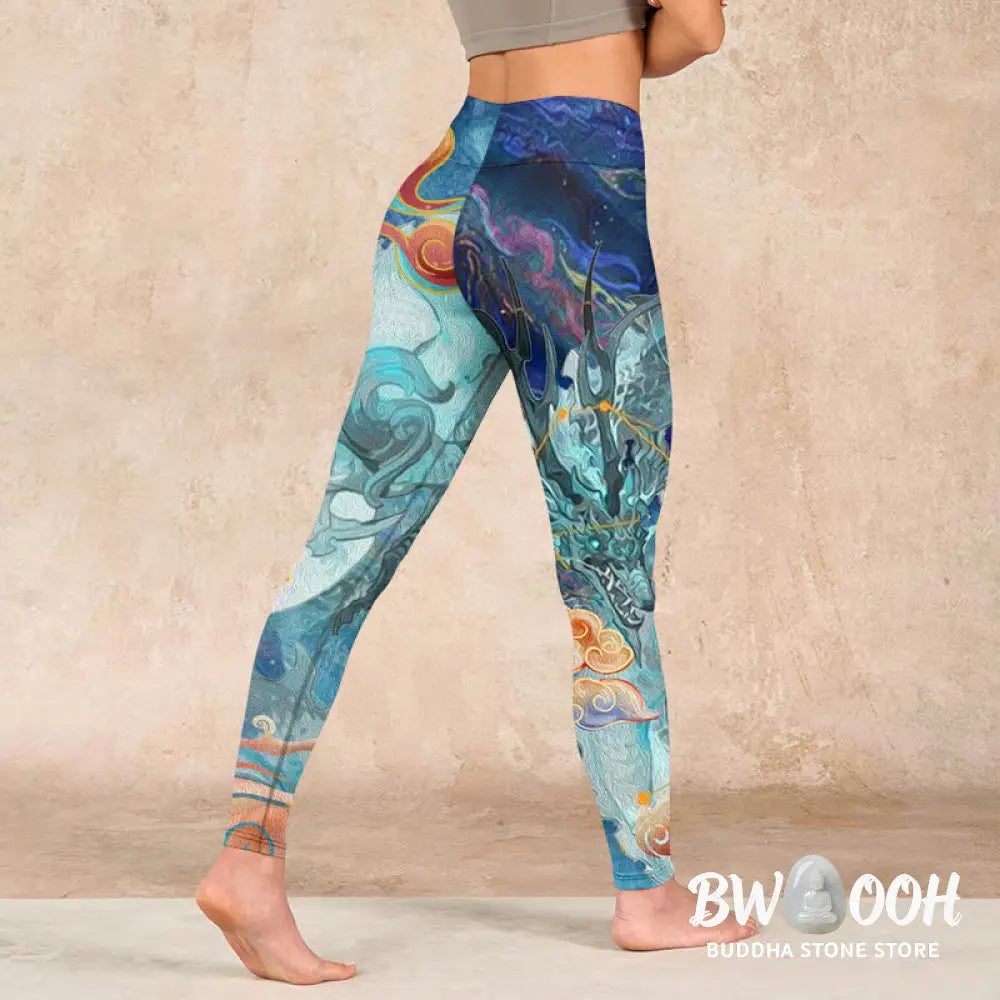 BWOOOH printed yoga leggings - Blue Dragon Auspicious Clouds Print Gym 