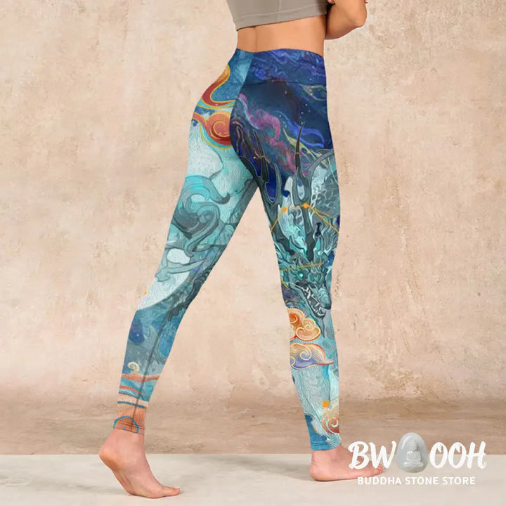 BWOOOH printed yoga leggings - Blue Dragon Auspicious Clouds Print Gym 
