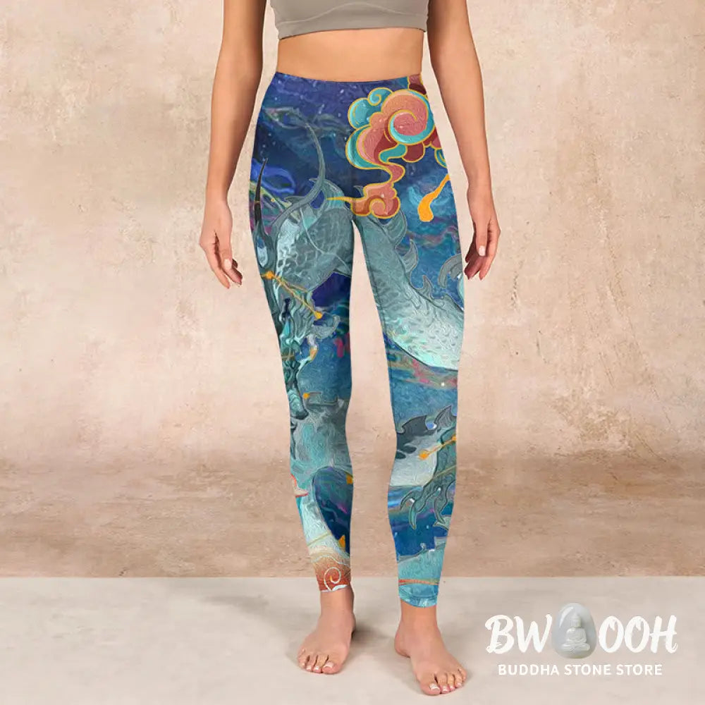 BWOOOH printed yoga leggings - Blue Dragon Auspicious Clouds Print Gym 