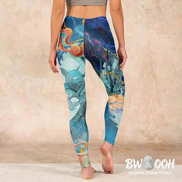 BWOOOH printed yoga leggings - Blue Dragon Auspicious Clouds Print Gym 