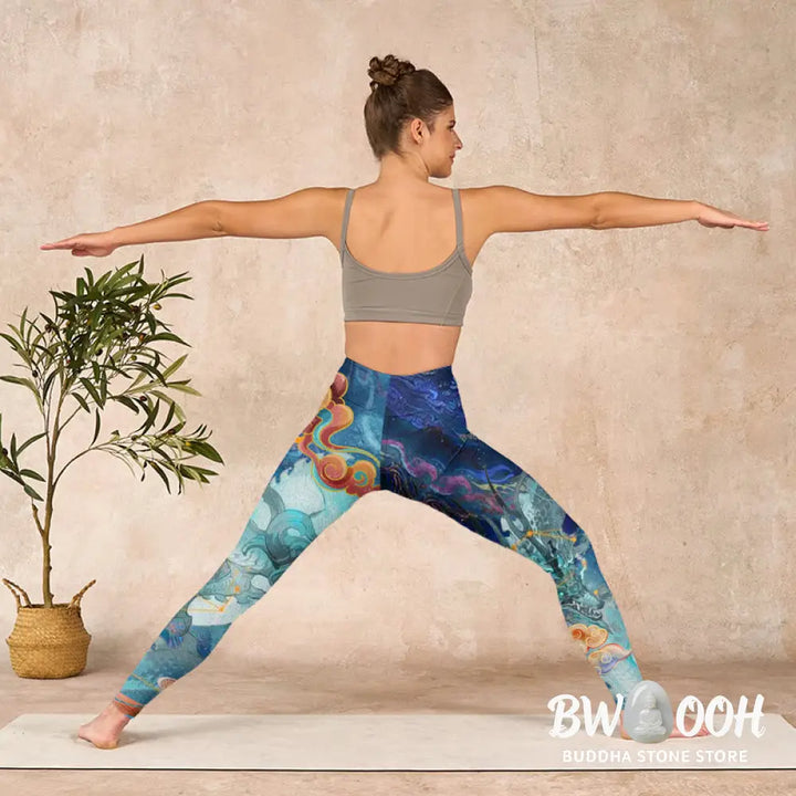 BWOOOH printed yoga leggings - Blue Dragon Auspicious Clouds Print Gym 