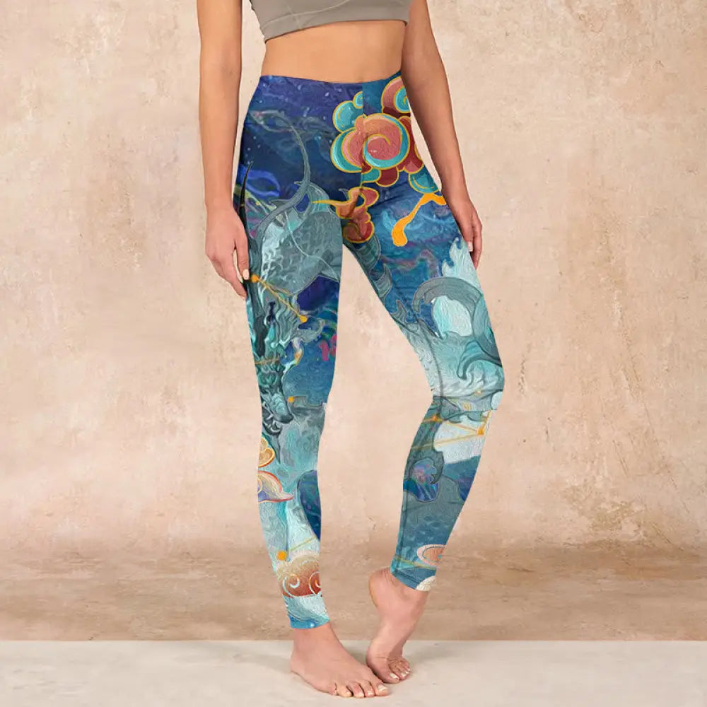 BWOOOH printed yoga leggings - Blue Dragon Auspicious Clouds Print Gym 