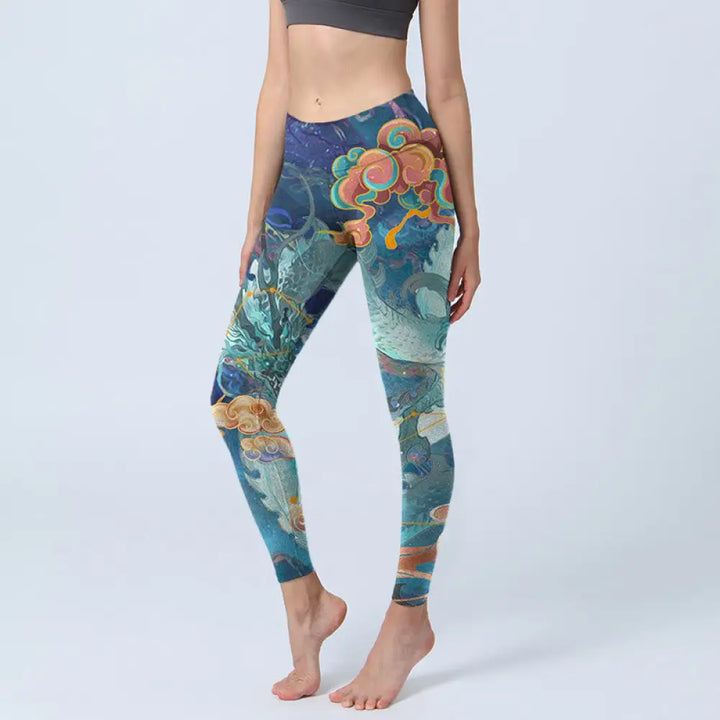 BWOOOH printed yoga leggings - Blue Dragon Auspicious Clouds Print Gym 