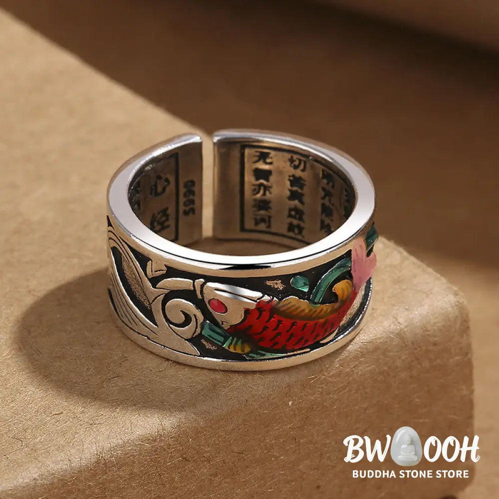 Buddha Stones Blue Enamel Koi Fish Heart Sutra Success Ring - BWOOOH - Koi Fish(Adjustable) - Ring
