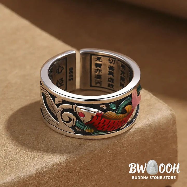 Buddha Stones Blue Enamel Koi Fish Heart Sutra Success Ring - BWOOOH - Koi Fish(Adjustable) - Ring