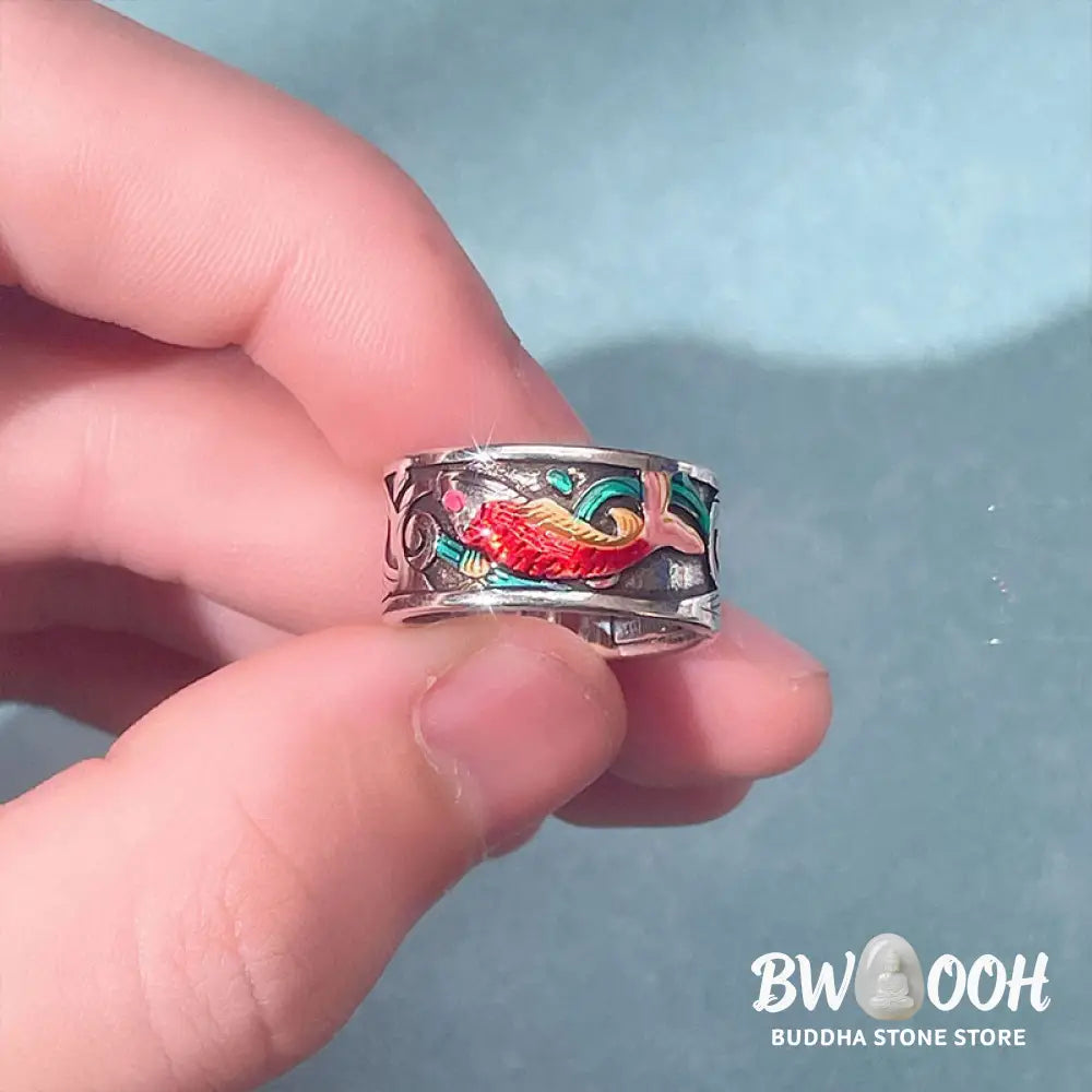Buddha Stones Blue Enamel Koi Fish Heart Sutra Success Ring - BWOOOH - Koi Fish(Adjustable) - Ring